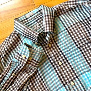 Peter Millar Gingham Button Down Shirt Mens Sz XL Brown Teal Cotton Plaid